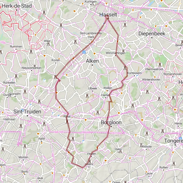 Miniatuurkaart van de fietsinspiratie "Gravelroute door Haspengouw" in Prov. Limburg (BE), Belgium. Gemaakt door de Tarmacs.app fietsrouteplanner