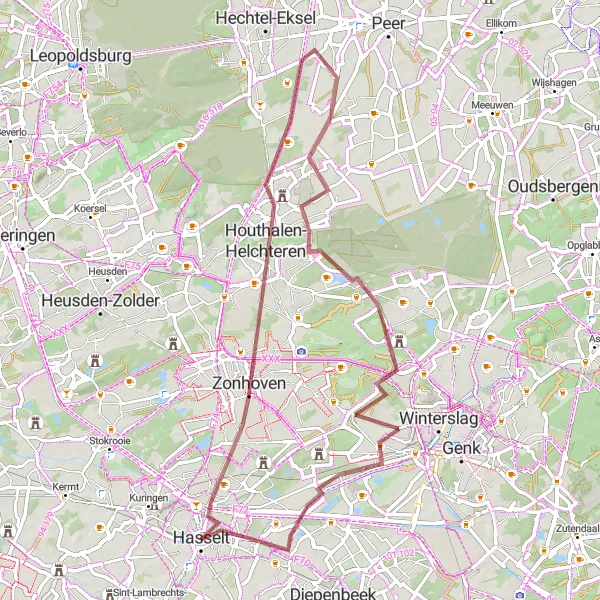 Map miniature of "Exploring Nature on Gravel Roads" cycling inspiration in Prov. Limburg (BE), Belgium. Generated by Tarmacs.app cycling route planner