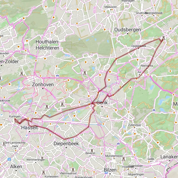 Map miniature of "The Albert Canal-Genk-Opglabbeek Loop" cycling inspiration in Prov. Limburg (BE), Belgium. Generated by Tarmacs.app cycling route planner