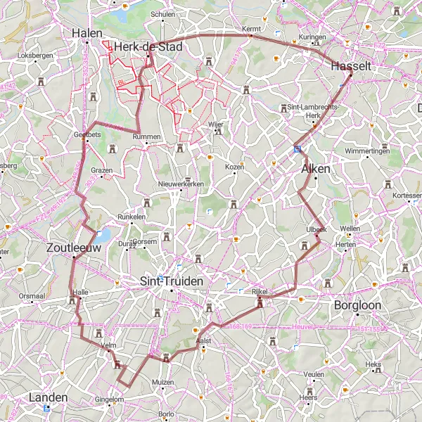 Map miniature of "The Hasselt-Alken-Aalst Loop" cycling inspiration in Prov. Limburg (BE), Belgium. Generated by Tarmacs.app cycling route planner