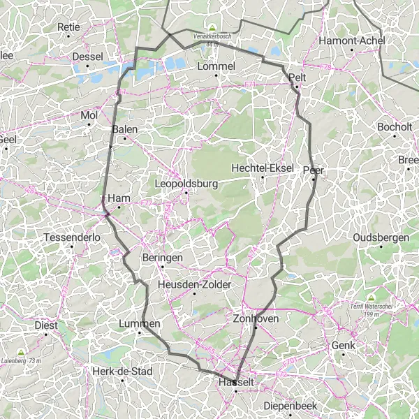 Map miniature of "The Hasselt-Lummen-Peer Loop" cycling inspiration in Prov. Limburg (BE), Belgium. Generated by Tarmacs.app cycling route planner