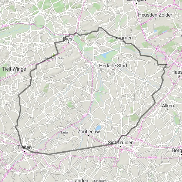 Miniatuurkaart van de fietsinspiratie "Uitdagende roadtrip naar Tienen en Lummen" in Prov. Limburg (BE), Belgium. Gemaakt door de Tarmacs.app fietsrouteplanner