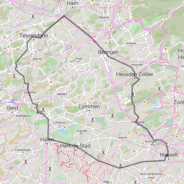 Map miniature of "The Herk-de-Stad-Tessenderlo-Beringen Loop" cycling inspiration in Prov. Limburg (BE), Belgium. Generated by Tarmacs.app cycling route planner