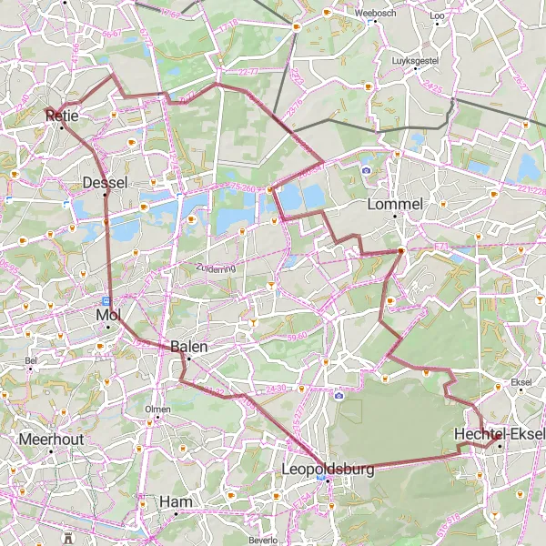 Map miniature of "Leopoldsburg to Blauwe Kei Gravel Route" cycling inspiration in Prov. Limburg (BE), Belgium. Generated by Tarmacs.app cycling route planner