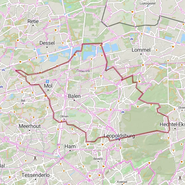 Map miniature of "Leopoldsburg to Hechtel Gravel Route" cycling inspiration in Prov. Limburg (BE), Belgium. Generated by Tarmacs.app cycling route planner