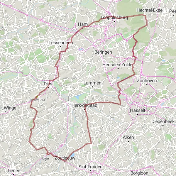 Map miniature of "Terril Zolder to Leopoldsburg Gravel Route" cycling inspiration in Prov. Limburg (BE), Belgium. Generated by Tarmacs.app cycling route planner