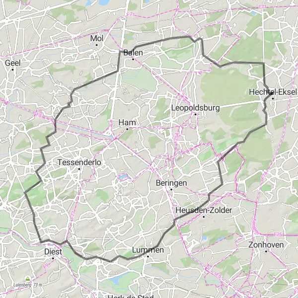 Map miniature of "Hechtel-Eksel to Gelderhorsten Loop" cycling inspiration in Prov. Limburg (BE), Belgium. Generated by Tarmacs.app cycling route planner