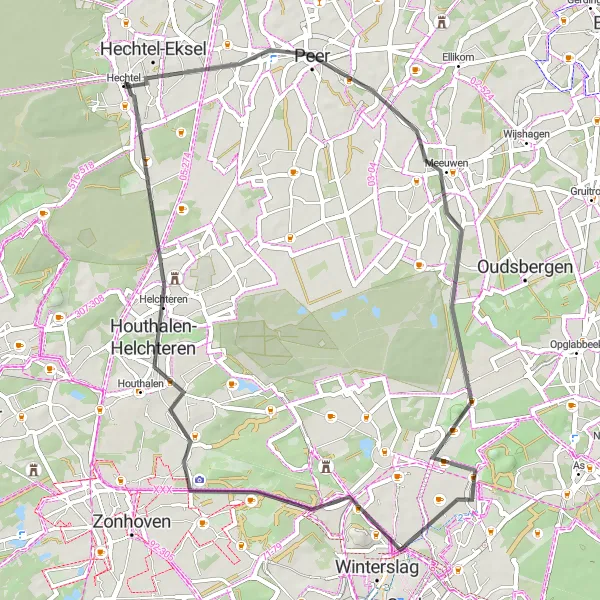 Karten-Miniaturansicht der Radinspiration "Straßenrundkurs von Hechtel-Eksel über Peer, Meeuwen und Houthalen-Helchteren" in Prov. Limburg (BE), Belgium. Erstellt vom Tarmacs.app-Routenplaner für Radtouren