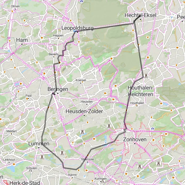Karten-Miniaturansicht der Radinspiration "Kurze Straßentour von Helchteren über Stokrooie, Lummen und Leopoldsburg" in Prov. Limburg (BE), Belgium. Erstellt vom Tarmacs.app-Routenplaner für Radtouren