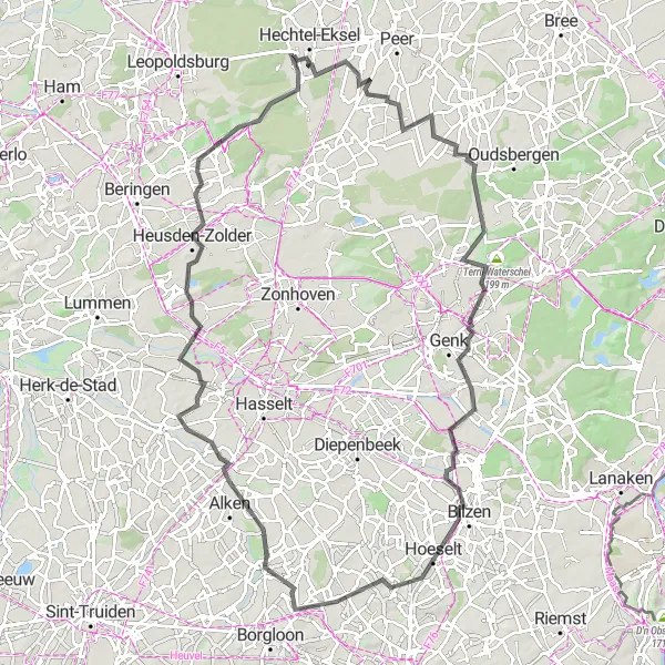 Map miniature of "Hechtel Road Cycling Route" cycling inspiration in Prov. Limburg (BE), Belgium. Generated by Tarmacs.app cycling route planner