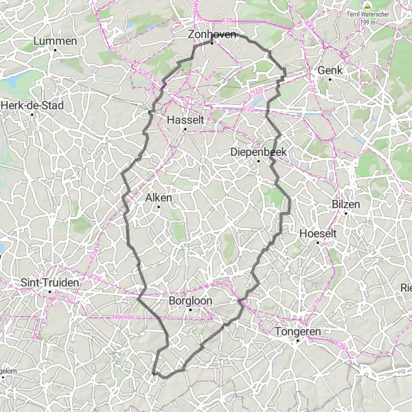 Miniatuurkaart van de fietsinspiratie "Wegtocht door de natuur van Limburg" in Prov. Limburg (BE), Belgium. Gemaakt door de Tarmacs.app fietsrouteplanner