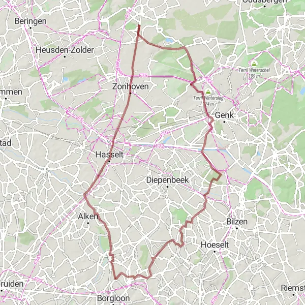 Map miniature of "Scenic Zonhoven" cycling inspiration in Prov. Limburg (BE), Belgium. Generated by Tarmacs.app cycling route planner