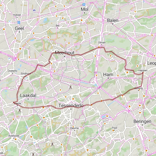 Miniatuurkaart van de fietsinspiratie "Gravelroute Tessenderlo-Heppen-Meerhout" in Prov. Limburg (BE), Belgium. Gemaakt door de Tarmacs.app fietsrouteplanner