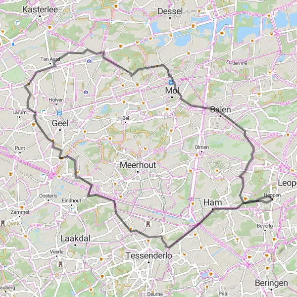 Miniatuurkaart van de fietsinspiratie "Wegroute Ham-Heppen-Mol" in Prov. Limburg (BE), Belgium. Gemaakt door de Tarmacs.app fietsrouteplanner