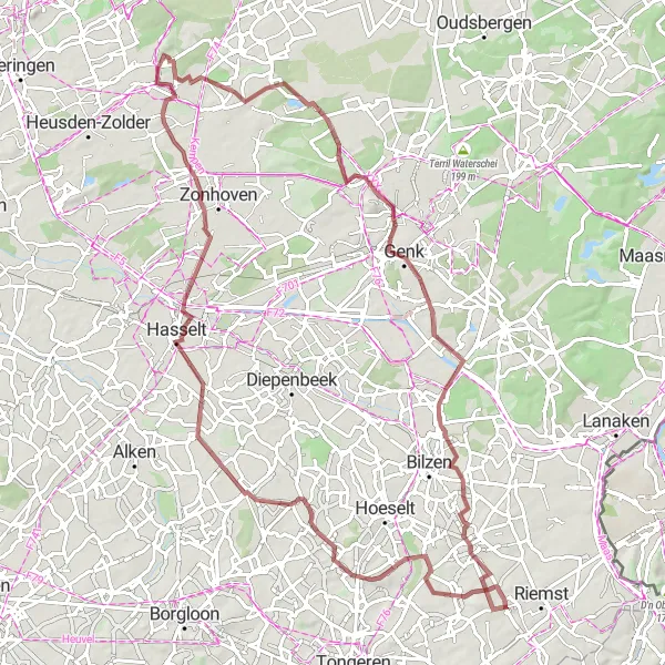 Map miniature of "Gravel Adventure to Genk" cycling inspiration in Prov. Limburg (BE), Belgium. Generated by Tarmacs.app cycling route planner