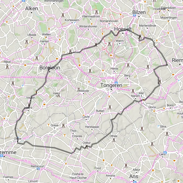 Miniature de la carte de l'inspiration cycliste "Châteaux et paysages enchanteurs" dans la Prov. Limburg (BE), Belgium. Générée par le planificateur d'itinéraire cycliste Tarmacs.app