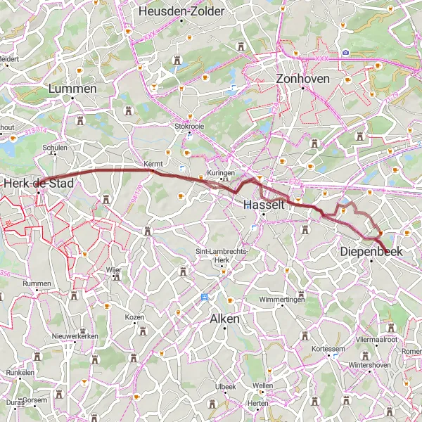 Map miniature of "Diepenbeek to Herk-de-Stad Gravel Loop" cycling inspiration in Prov. Limburg (BE), Belgium. Generated by Tarmacs.app cycling route planner