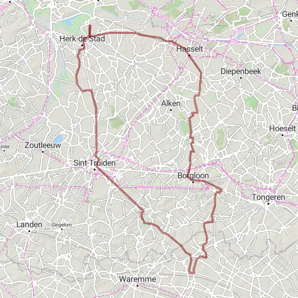 Miniatuurkaart van de fietsinspiratie "Gravelroute Herk-de-Stad: Kastelen en pittoreske dorpjes" in Prov. Limburg (BE), Belgium. Gemaakt door de Tarmacs.app fietsrouteplanner