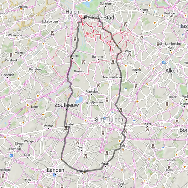 Miniature de la carte de l'inspiration cycliste "Les villages de Brabant" dans la Prov. Limburg (BE), Belgium. Générée par le planificateur d'itinéraire cycliste Tarmacs.app