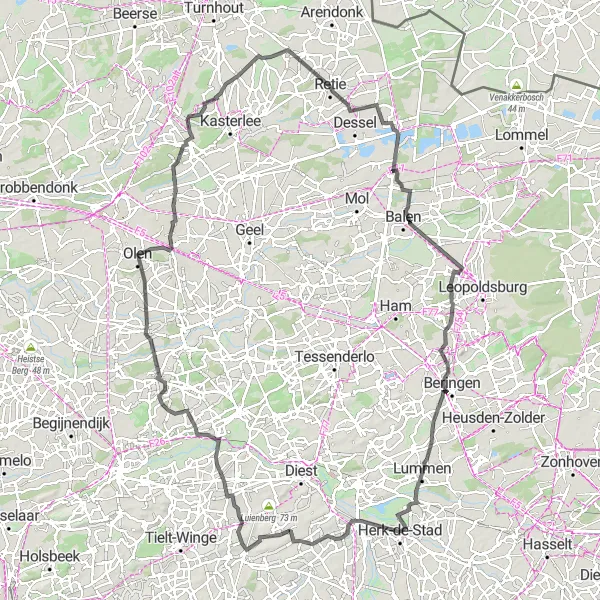 Miniatuurkaart van de fietsinspiratie "Herk-de-Stad naar Lichtaart" in Prov. Limburg (BE), Belgium. Gemaakt door de Tarmacs.app fietsrouteplanner