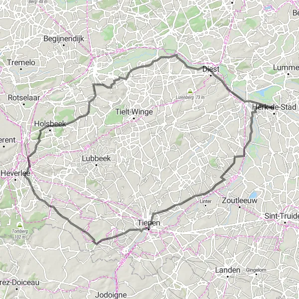 Miniature de la carte de l'inspiration cycliste "Les tours de Limbourg" dans la Prov. Limburg (BE), Belgium. Générée par le planificateur d'itinéraire cycliste Tarmacs.app