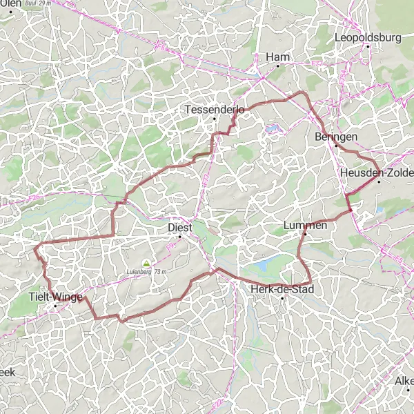 Map miniature of "Gravel Route: Off-Road Adventure in Lummen" cycling inspiration in Prov. Limburg (BE), Belgium. Generated by Tarmacs.app cycling route planner