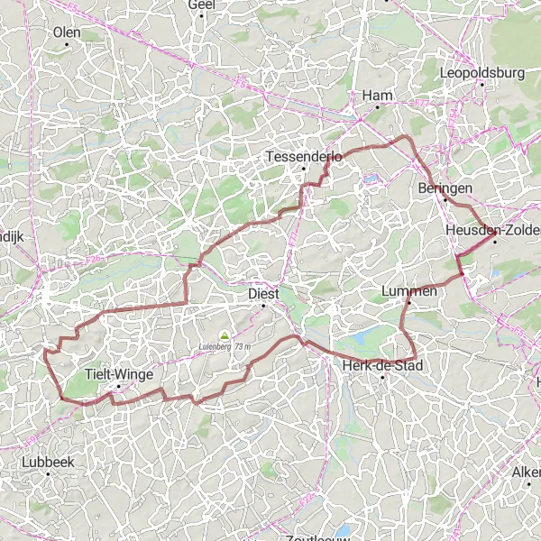 Map miniature of "Scenic Gravel Adventure in Lummen and Beringen" cycling inspiration in Prov. Limburg (BE), Belgium. Generated by Tarmacs.app cycling route planner