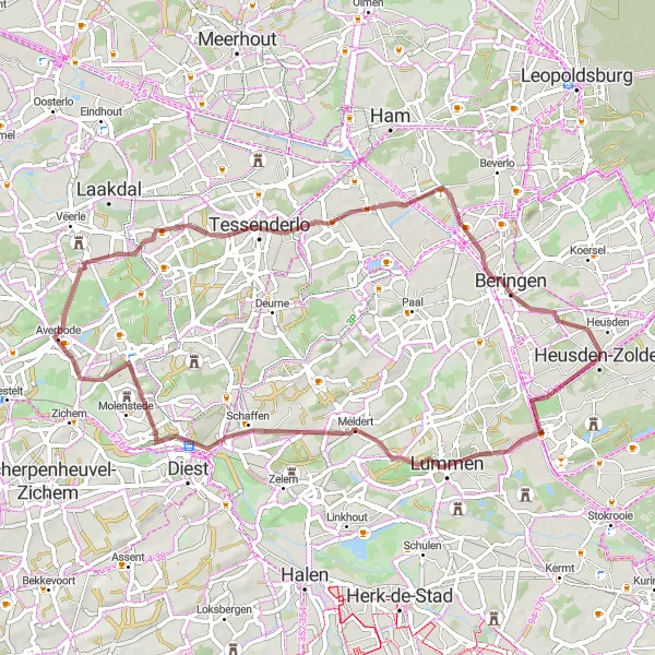 Miniatuurkaart van de fietsinspiratie "Duizendjarige eik - Averbode - Hulst Route" in Prov. Limburg (BE), Belgium. Gemaakt door de Tarmacs.app fietsrouteplanner