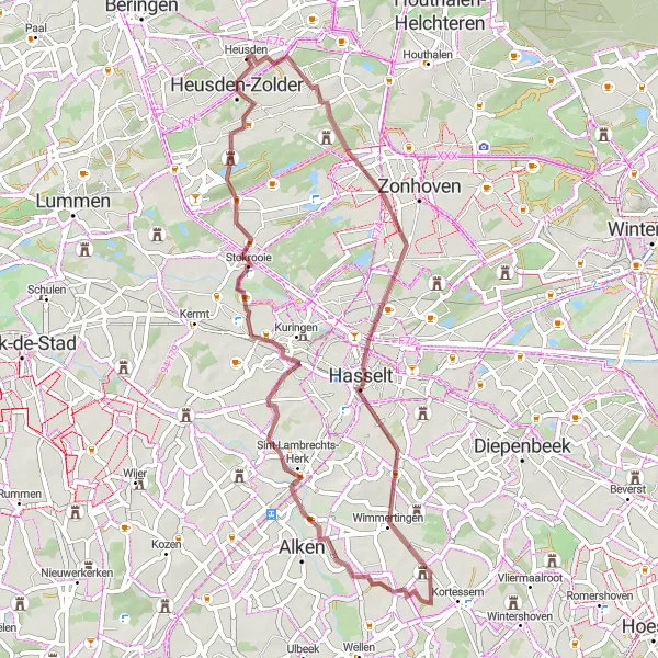 Map miniature of "Kiewit and Sint-Lambrechts-Herk Gravel Route" cycling inspiration in Prov. Limburg (BE), Belgium. Generated by Tarmacs.app cycling route planner