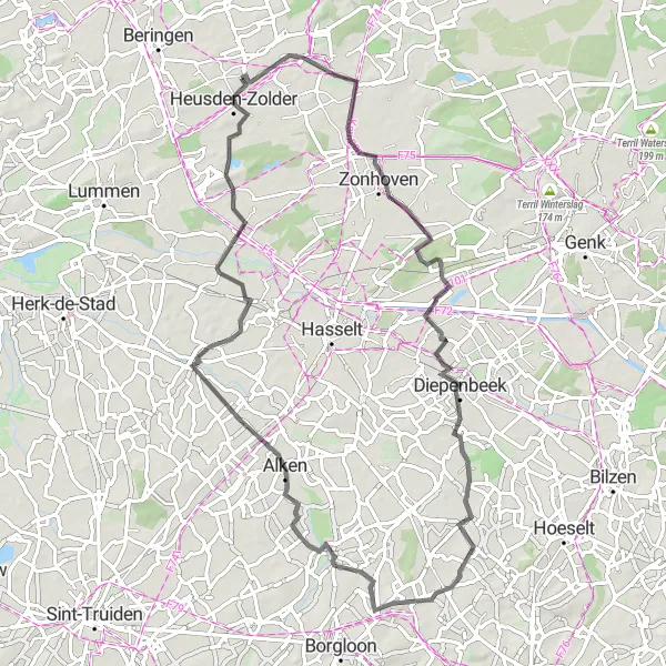 Miniature de la carte de l'inspiration cycliste "Tour de la mine de charbon Zolder" dans la Prov. Limburg (BE), Belgium. Générée par le planificateur d'itinéraire cycliste Tarmacs.app