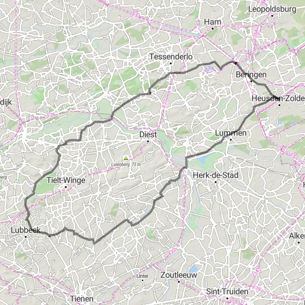 Map miniature of "Road Route: Adventurous Ride through Glabbeek" cycling inspiration in Prov. Limburg (BE), Belgium. Generated by Tarmacs.app cycling route planner