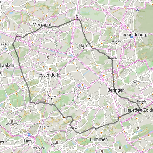 Karten-Miniaturansicht der Radinspiration "Rundkurs entlang der Duizendjarige eik und Oostham" in Prov. Limburg (BE), Belgium. Erstellt vom Tarmacs.app-Routenplaner für Radtouren