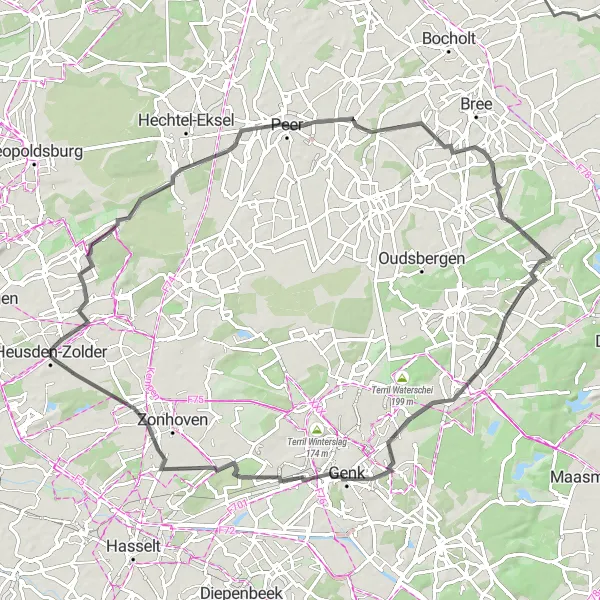 Map miniature of "Ascent to Duiventoren in Genk" cycling inspiration in Prov. Limburg (BE), Belgium. Generated by Tarmacs.app cycling route planner