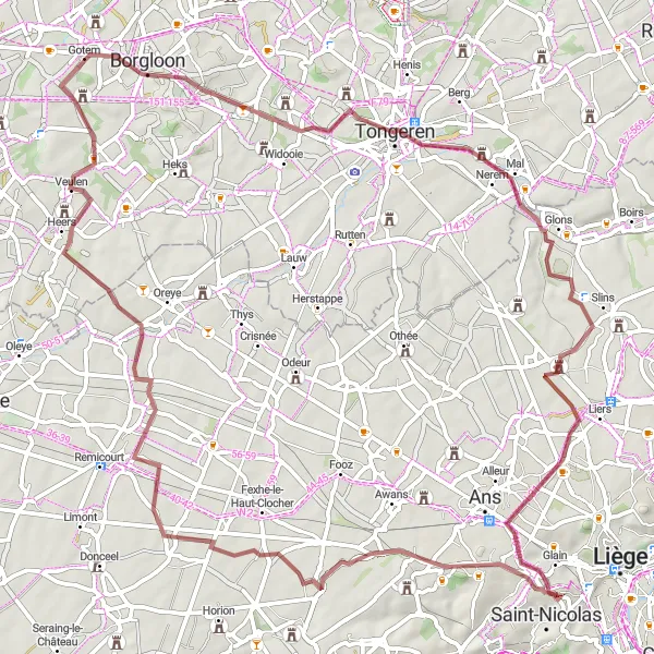 Map miniature of "Burcht van Loon - Tongeren - Villers-Saint-Siméon - Terril de l'Espérance - Velroux - Gutschoven" cycling inspiration in Prov. Limburg (BE), Belgium. Generated by Tarmacs.app cycling route planner