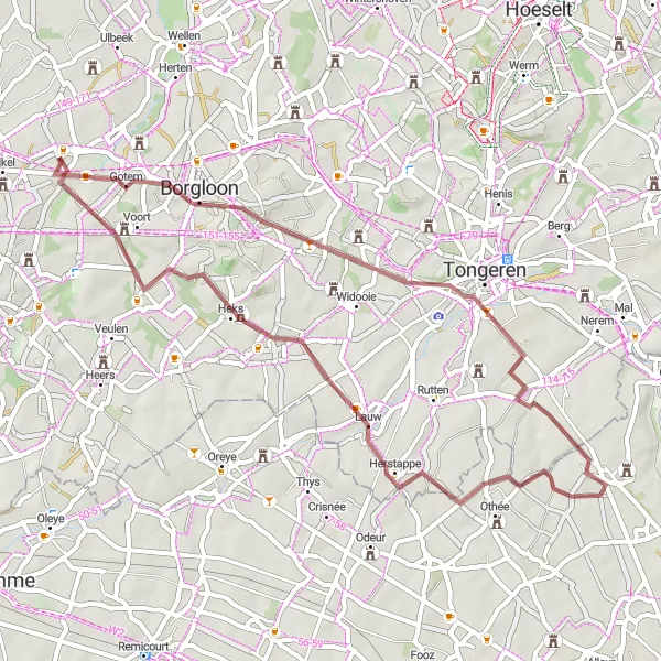 Miniature de la carte de l'inspiration cycliste "Les Rives de Lauw" dans la Prov. Limburg (BE), Belgium. Générée par le planificateur d'itinéraire cycliste Tarmacs.app