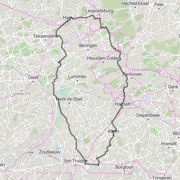 Map miniature of "Road to Zepperen" cycling inspiration in Prov. Limburg (BE), Belgium. Generated by Tarmacs.app cycling route planner
