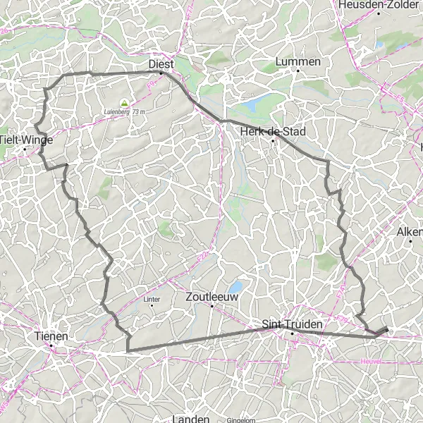 Miniatuurkaart van de fietsinspiratie "Wegroute rond Hoepertingen" in Prov. Limburg (BE), Belgium. Gemaakt door de Tarmacs.app fietsrouteplanner