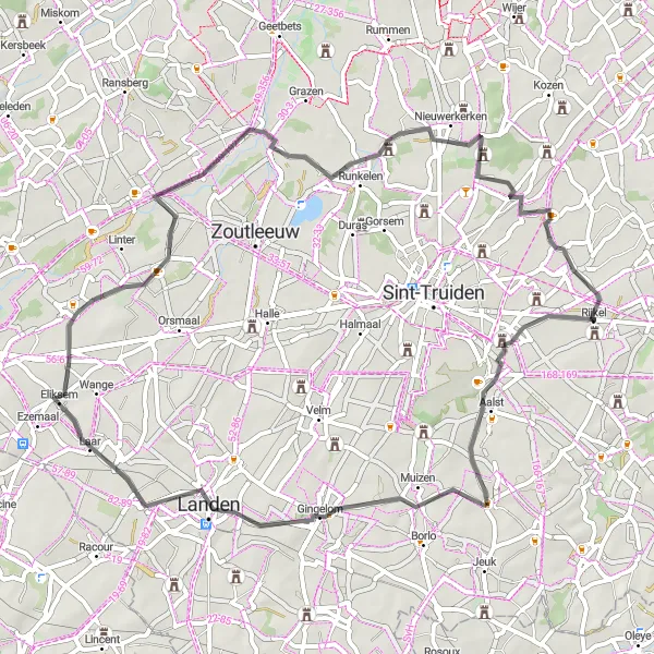 Map miniature of "Brustem - Gingelom - Melkwezer - Budingen - Binderveld - Honsberg" cycling inspiration in Prov. Limburg (BE), Belgium. Generated by Tarmacs.app cycling route planner