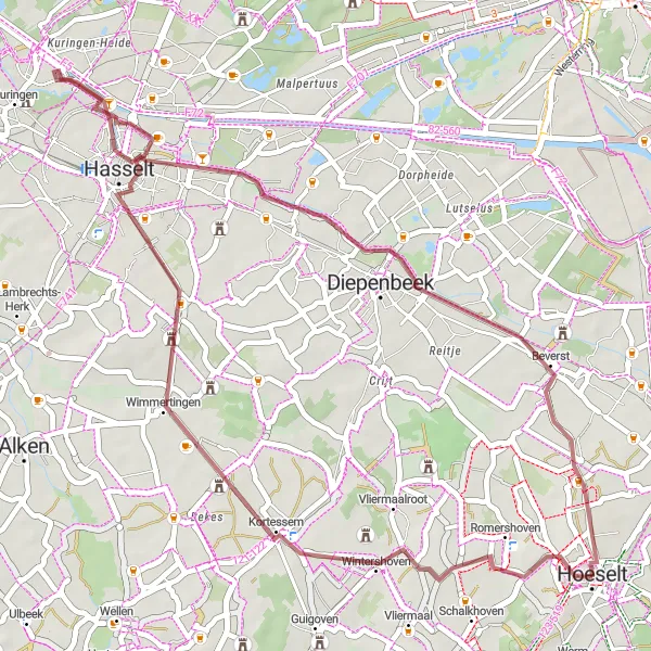 Map miniature of "Off-Road Serenity: Canals and Countryside" cycling inspiration in Prov. Limburg (BE), Belgium. Generated by Tarmacs.app cycling route planner