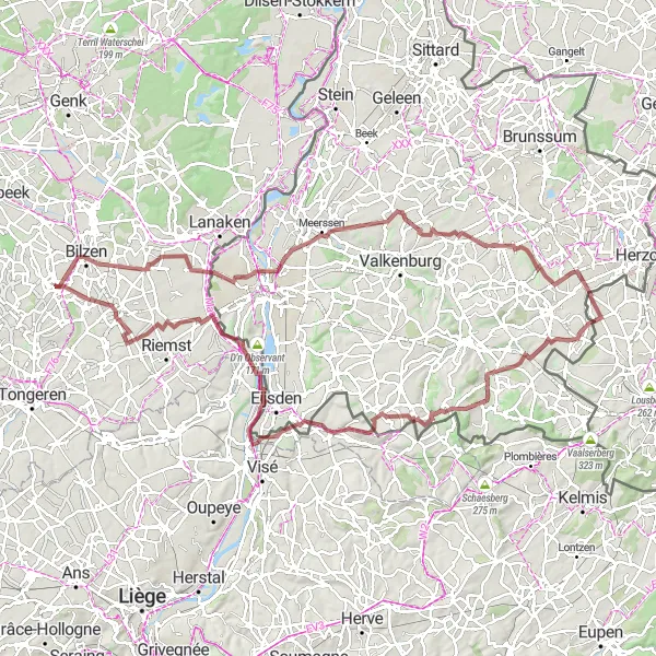 Miniatuurkaart van de fietsinspiratie "Gravelroute van Hoeselt naar Waltwilder en Lanaye" in Prov. Limburg (BE), Belgium. Gemaakt door de Tarmacs.app fietsrouteplanner