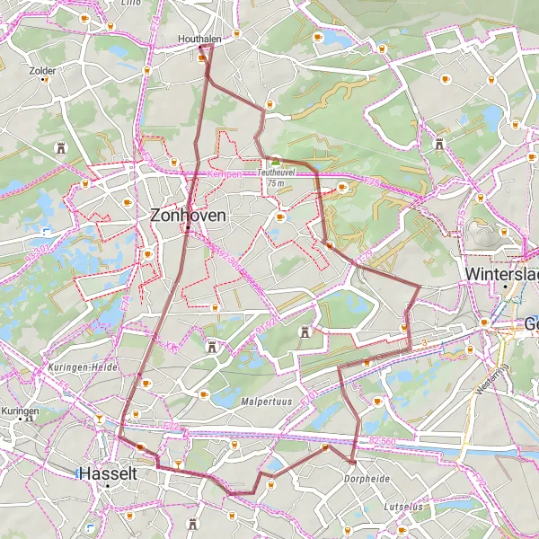 Miniatuurkaart van de fietsinspiratie "Gravelroute Houthalen-Teutheuvel" in Prov. Limburg (BE), Belgium. Gemaakt door de Tarmacs.app fietsrouteplanner