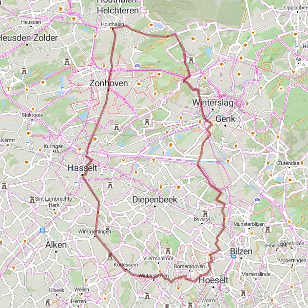 Map miniature of "Engelhof Gravel Expedition" cycling inspiration in Prov. Limburg (BE), Belgium. Generated by Tarmacs.app cycling route planner