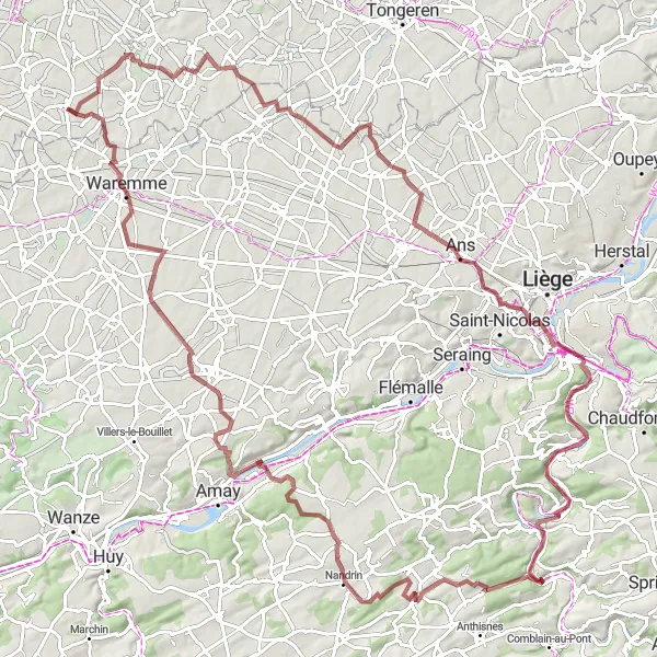Miniature de la carte de l'inspiration cycliste "Parcours gravel vers Château de Lavaux et Nandrin" dans la Prov. Limburg (BE), Belgium. Générée par le planificateur d'itinéraire cycliste Tarmacs.app