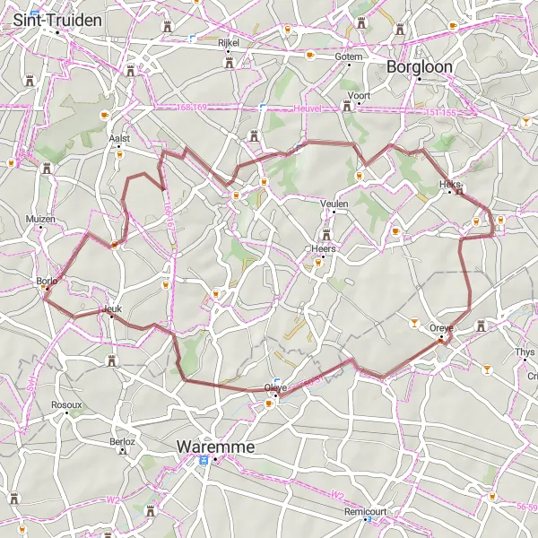 Map miniature of "Engelmanshoven to Jeuk Gravel Route" cycling inspiration in Prov. Limburg (BE), Belgium. Generated by Tarmacs.app cycling route planner