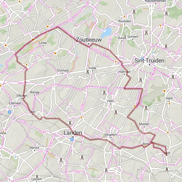 Map miniature of "Borlo Gravel Loop" cycling inspiration in Prov. Limburg (BE), Belgium. Generated by Tarmacs.app cycling route planner