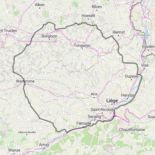 Miniature de la carte de l'inspiration cycliste "Circuit road de Jeuk à Viemme en passant par Haccourt et Engis" dans la Prov. Limburg (BE), Belgium. Générée par le planificateur d'itinéraire cycliste Tarmacs.app