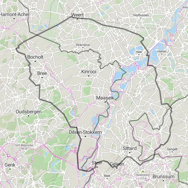 Miniature de la carte de l'inspiration cycliste "Parcours routier panoramique de Kaulille à Reppel" dans la Prov. Limburg (BE), Belgium. Générée par le planificateur d'itinéraire cycliste Tarmacs.app