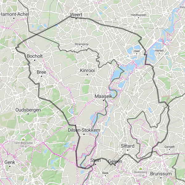 Miniatuurkaart van de fietsinspiratie "Rondje door Limburg" in Prov. Limburg (BE), Belgium. Gemaakt door de Tarmacs.app fietsrouteplanner