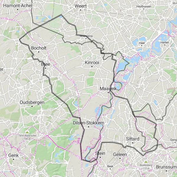 Karten-Miniaturansicht der Radinspiration "Road-Tour nach Jabeek und Opoeteren" in Prov. Limburg (BE), Belgium. Erstellt vom Tarmacs.app-Routenplaner für Radtouren