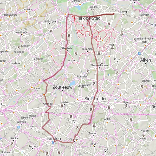 Miniature de la carte de l'inspiration cycliste "Aventure Gravel à Gingelom" dans la Prov. Limburg (BE), Belgium. Générée par le planificateur d'itinéraire cycliste Tarmacs.app